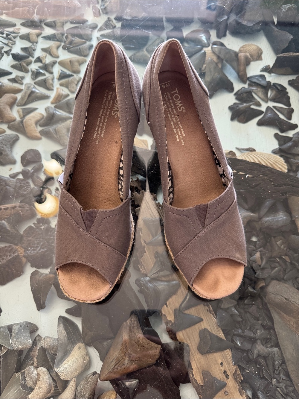 TOMS Women's Taupe Canvas Peep-Toe Wedge Espadrilles